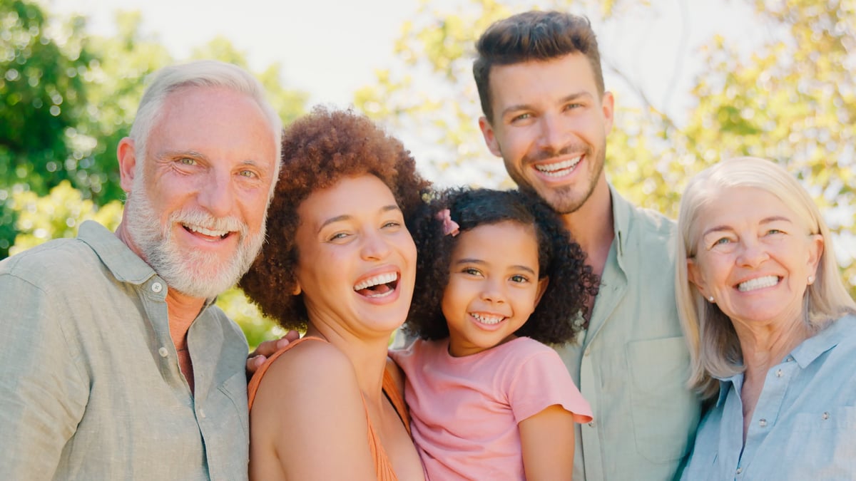 Portrait Of Multi-Generation Family Standing In Garden Smiling At Camera