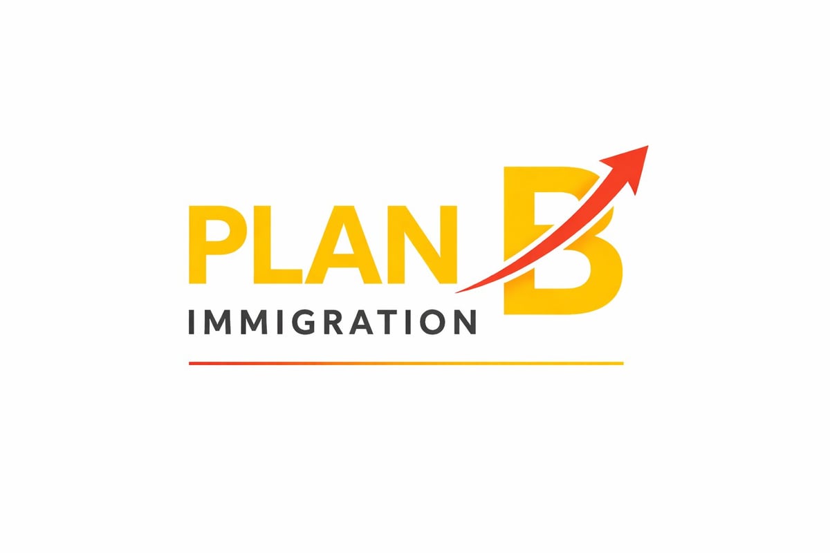 Plan B Immigration logo with yellow text, upward red arrow, and horizontal lines