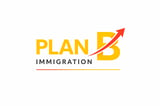 Plan B Immigration logo with yellow text, upward red arrow, and horizontal lines