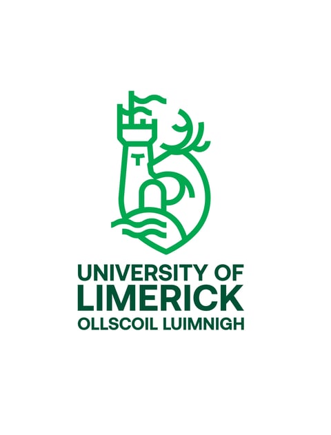 University of Limerick logo featuring a green stylized tower with castle elements and Irish text Ollscoil Luimnigh