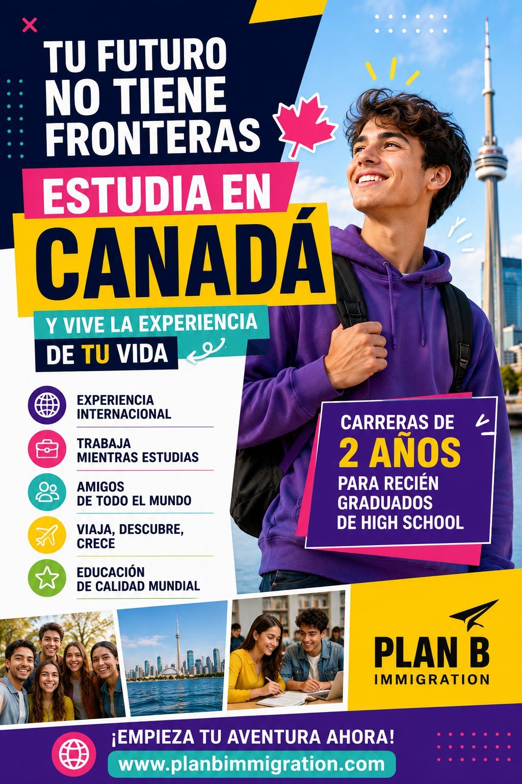 Promotional poster for Canadian study program showing smiling young man in purple hoodie with CN Tower background and benefits listed