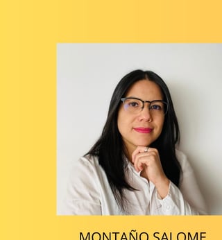 Portrait of a woman with long black hair, glasses, pink lipstick, wearing a white shirt, against yellow and white background with name Montano Salome below