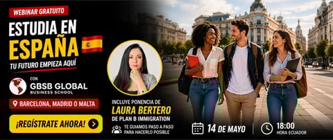 Webinar graphic promoting studying in Spain, featuring three students on a Madrid street and speaker Laura Bertero, GBSB Global logo, event date May 14 at 18:00