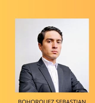 Professional headshot of Bohorquez Sebastian, a man wearing a dark blazer and light pink shirt against a white background with yellow border