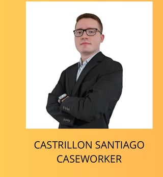 Professional portrait of Castrillon Santiago, a caseworker, wearing a black blazer and glasses against a white background with yellow border
