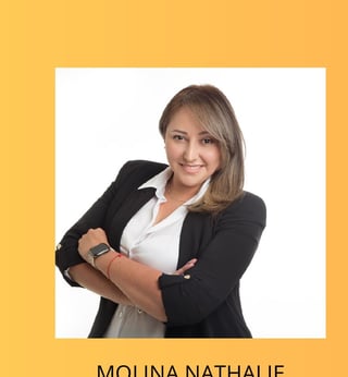 Professional headshot of Molina Nathalie, a woman wearing a black blazer and white top, smiling against a white background with yellow border