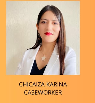 Professional headshot of Chicaiza Karina, a caseworker, wearing a white blazer over black top with a star necklace