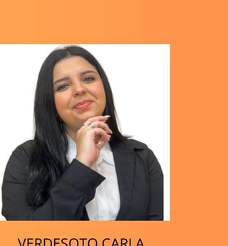 Professional portrait of a woman in black blazer and white shirt against orange background, labeled Verdesoto Carla