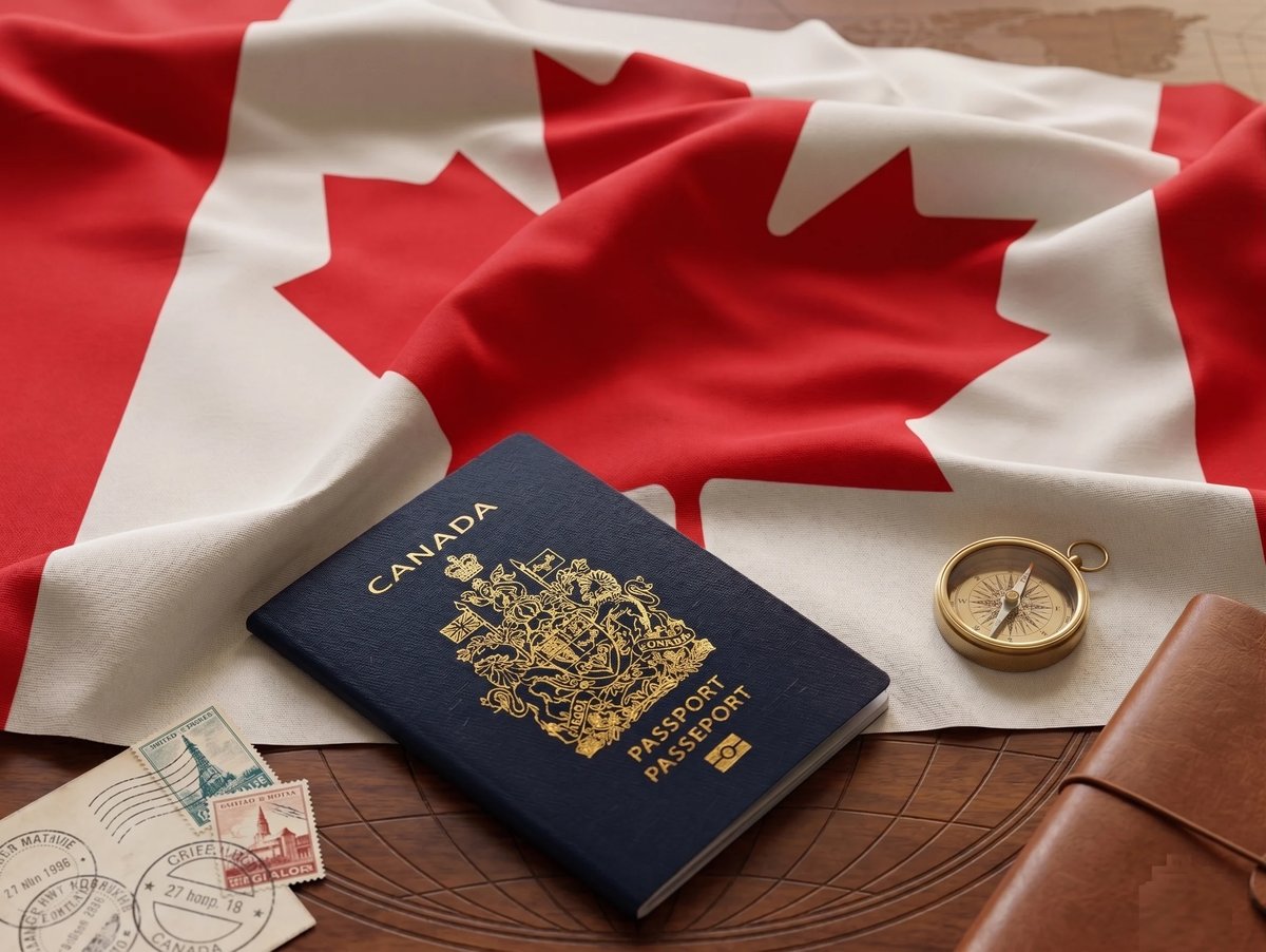 Canadian passport with compass and leather travel items on red and white Canadian flag background
