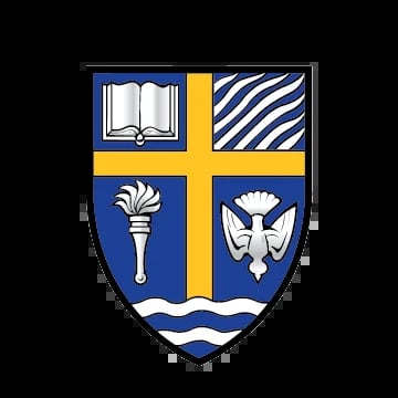 Heraldic shield with four quadrants featuring an open book, diagonal stripes, torch, and eagle emblem, separated by a gold cross