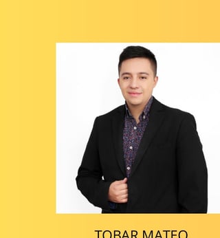 Professional headshot of Tobar Mateo, a young man in a black blazer and patterned purple shirt against a yellow and white background