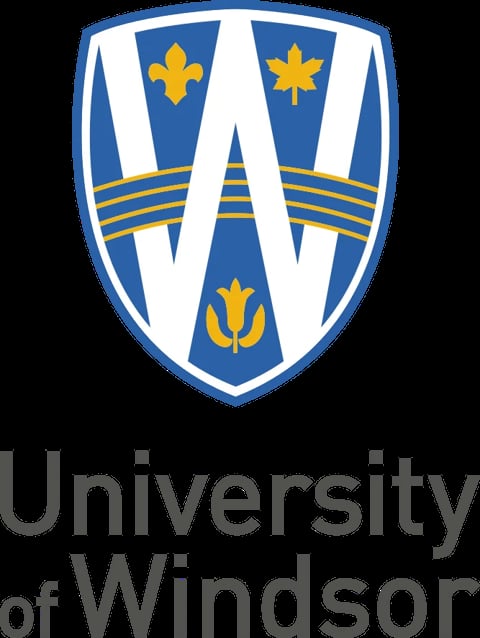 University of Windsor logo featuring a blue shield with white letter W, gold fleur-de-lis symbols, and horizontal stripes