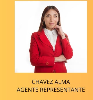 Professional portrait of Chavez Alma, a representative agent, wearing a red blazer and white shirt against a yellow background