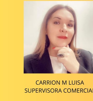 Portrait of Carrion M Luisa, Commercial Supervisor, wearing dark blazer against yellow background