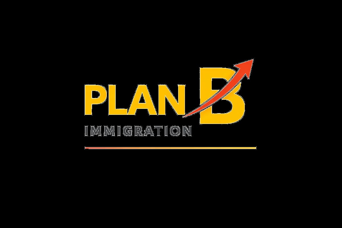 Plan B Immigration logo with yellow text and red upward arrow on black background